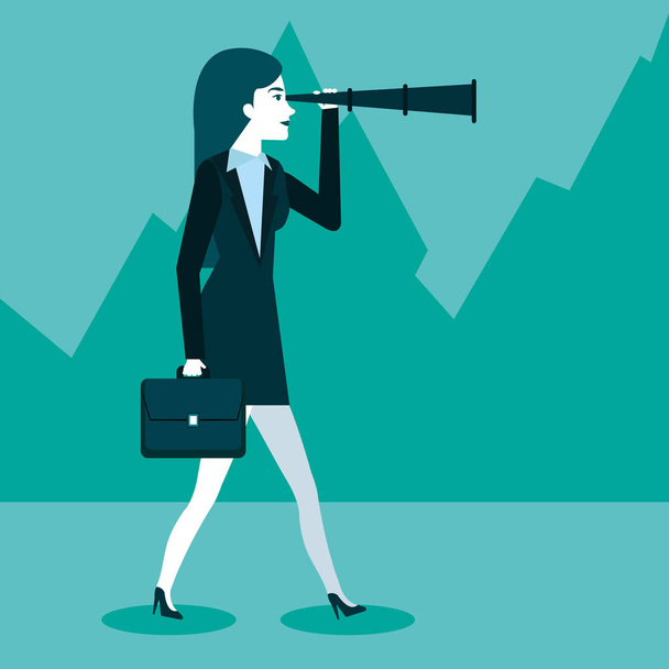 business woman using spyglass for searching of opportunities - Vector, Image
