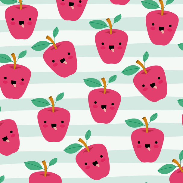 Яблоки кавайи фрукты шаблон, установленный на декоративных линиях цветовой фон
 - Вектор,изображение