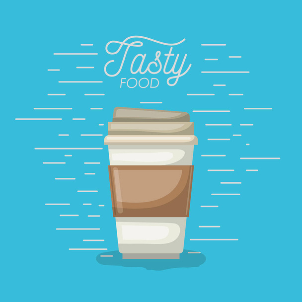 одноразова чашка кави в смачному плакаті для їжі на фоні аквамарину
 - Вектор, зображення
