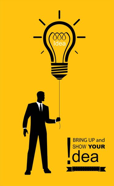executive idea, man hold the string of tied bright bulb, solutio - Vector, Image