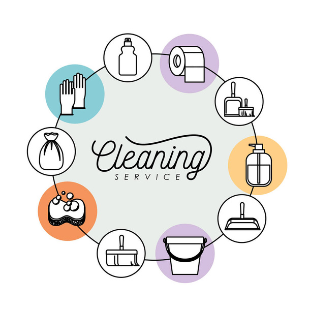 cleaning service elements around in color silhouette circular frames on white background - Vector, Image