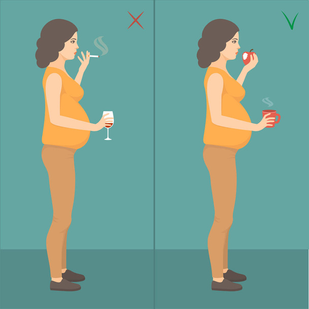 vector illustration of bad mother, prehnant woman smoking cigarette and drinking alcohol. healthy prehnancy lifestyle - Vector, Image