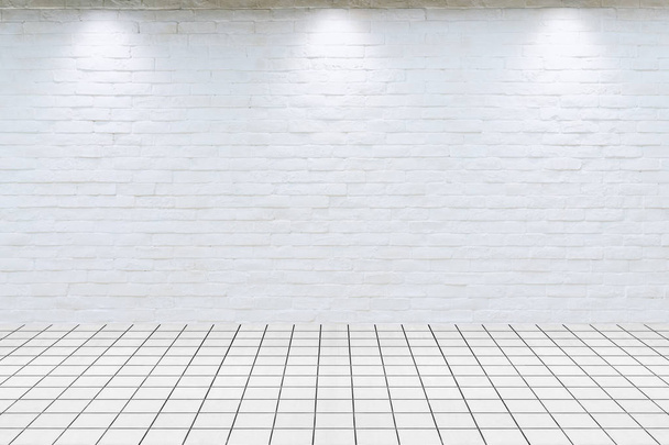 Интерьер комнаты винтажный с белой кирпичной стеной и мраморным полом плитки
 - Фото, изображение