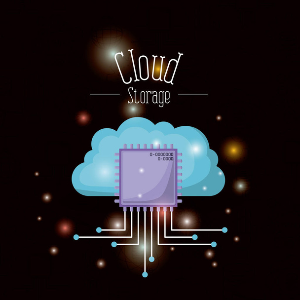 fundo preto com brilho de armazenamento em nuvem colorido com ícone de microship
 - Vetor, Imagem