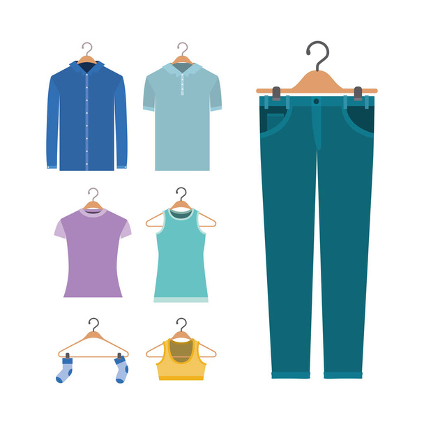 white background of colorful set elements clothes in hangers - Vector, Image