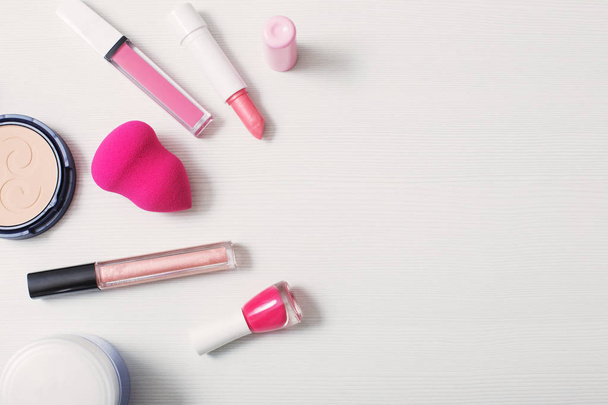 female pink cosmetics, top view - Фото, изображение