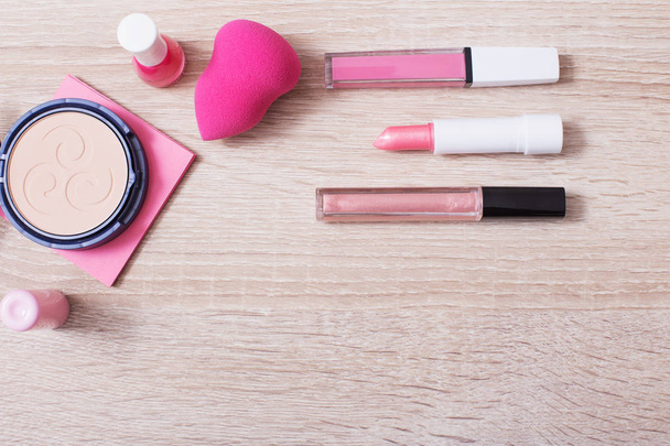 female pink cosmetics, top view - Foto, Imagem