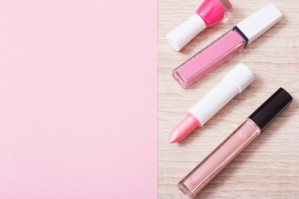 female pink cosmetics, top view - Фото, изображение
