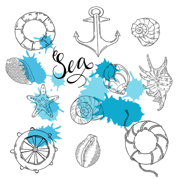 векторная иллюстрация рисунка акварелью синих штрихов с раковинами и текстовым морем на заднем плане
 - Вектор,изображение