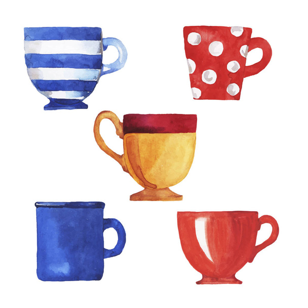 kolorowe kubki herbaty zestaw na białym tle - Wektor, obraz