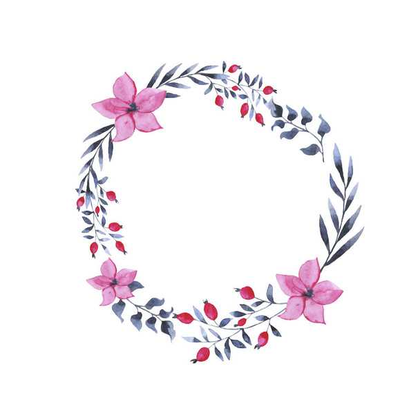 векторная иллюстрация дизайна красивого весеннего венка из зеленых листьев и розовых цветов
 - Вектор,изображение