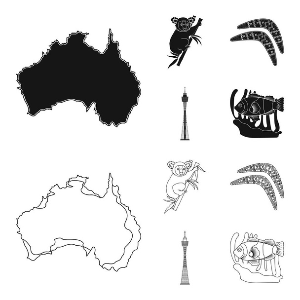 A bambusz, bumeráng, Sydney tower, Bohóc hal és ammónium-Koala. Ausztrália készlet gyűjtemény ikonok-ban fekete, vázlat stílusú vektor stock illusztráció web szimbólum. - Vektor, kép