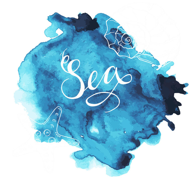 vector illustration design of watercolor painting of blue Strokes with text sea on blue background - Vector, Image
