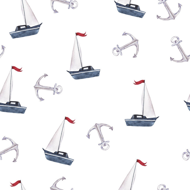 beautiful watercolor painting of anchor and boat seamless pattern background - Photo, image