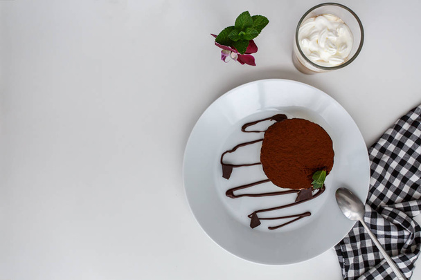dessert with latte and napkin, top view, place for text - Photo, Image