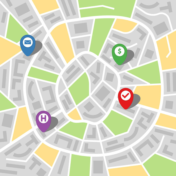 Mapa da cidade de uma cidade imaginária com quatro pinos
 - Vetor, Imagem