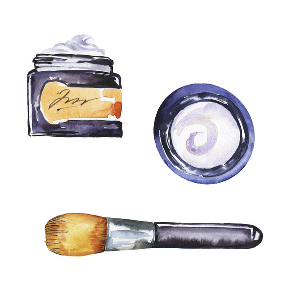 beautiful watercolor painting of makeup set pattern isolated on white background - Foto, Bild