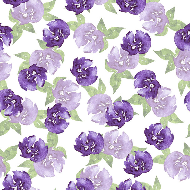 beautiful watercolor painting of purple lotus flowers with green leaves seamless pattern background  - Fotoğraf, Görsel