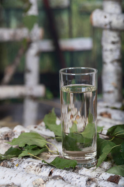 Vaso de agua de savia de abedul en un soporte de madera de abedul
.  - Foto, imagen
