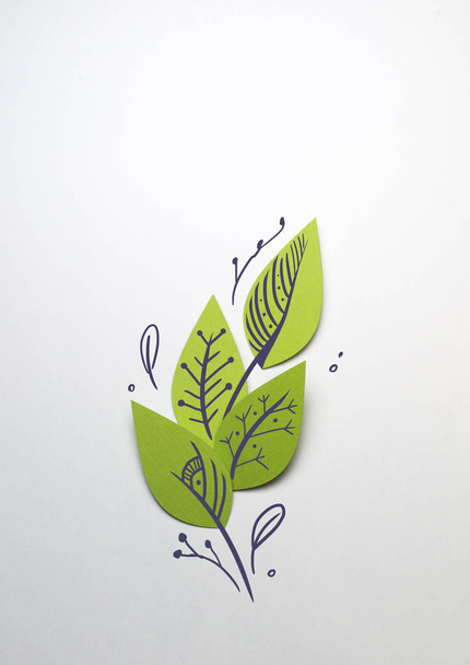 Papercut leaf decorated with drawings by hand on white background - Photo, Image