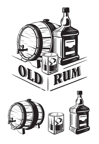 Sketch Whiskey Bottle and Glass and Barrel. - Vector, Image