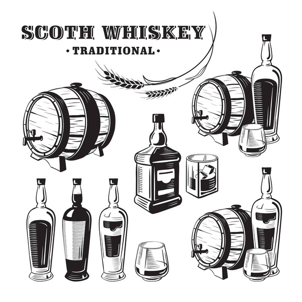 Bosquejo Whiskey botella y vidrio y barril
. - Vector, Imagen