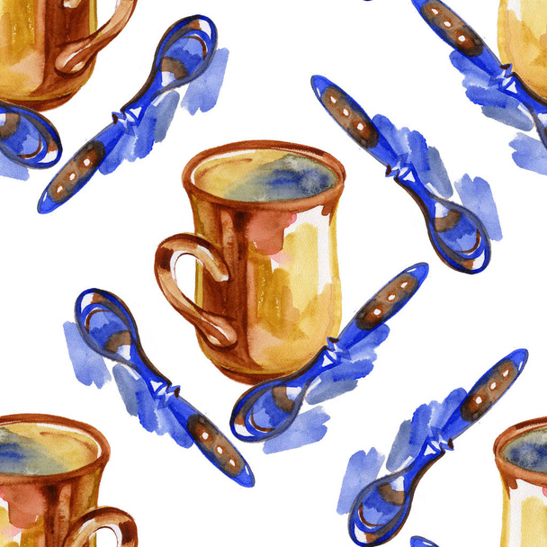 Watercolor tea cup and spoon seamless pattern. Hand drawn wrapping paper design. - Фото, зображення