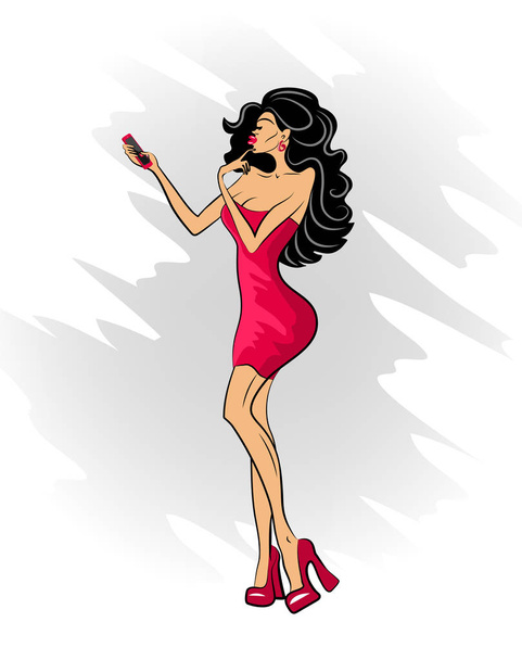 Glamour signora in abito rosso e scarpe rosse rende selfie
 - Vettoriali, immagini
