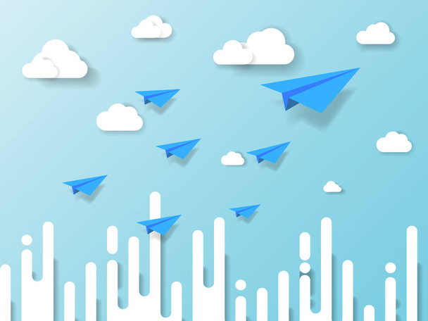クラウドおよび抽象的な背景を持つ青い空に飛んでいる飛行機。ビジネスとリーダーシップの概念図。紙のアート スタイルと自然の風景. - ベクター画像