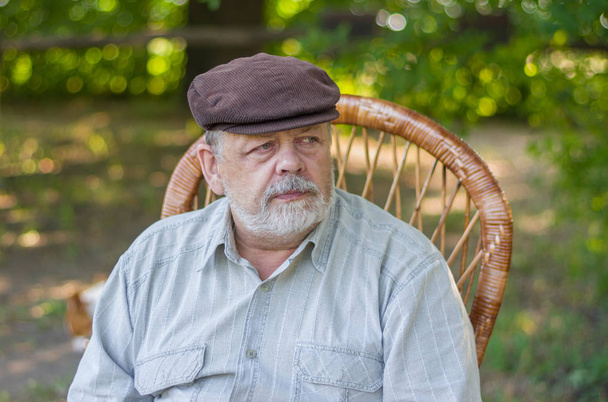 夏の公園で椅子に座っている白人の年配の男性の屋外のポートレート - 写真・画像