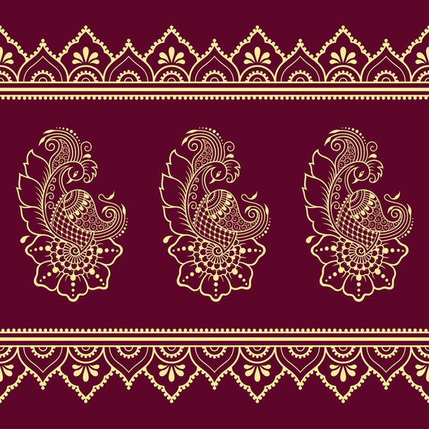 Plantilla de flor de tatuaje de henna y borde sin costuras. Estilo Mehndi. Conjunto de patrones ornamentales en el estilo oriental
. - Vector, imagen
