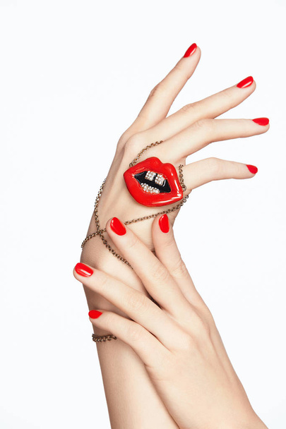 Nails Design. Hands With Red Manicure And Red Lips - Fotoğraf, Görsel