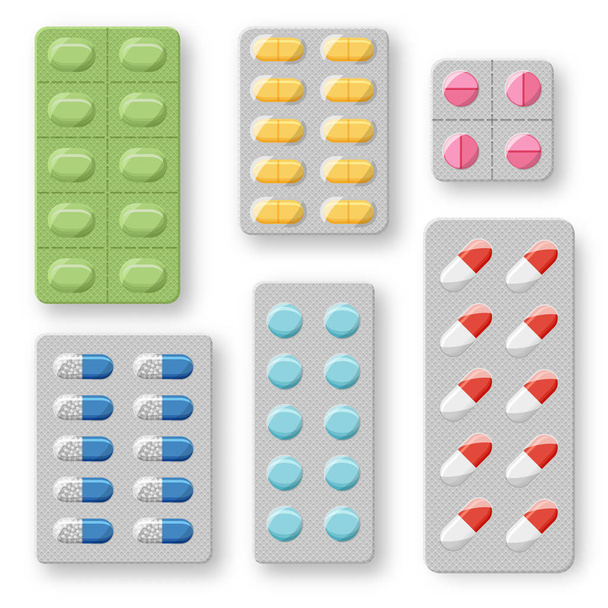 Набор реалистичных таблеток волдыри с таблетками и капсулами. Полиэтиленовый пакет с лекарствами
 - Вектор,изображение