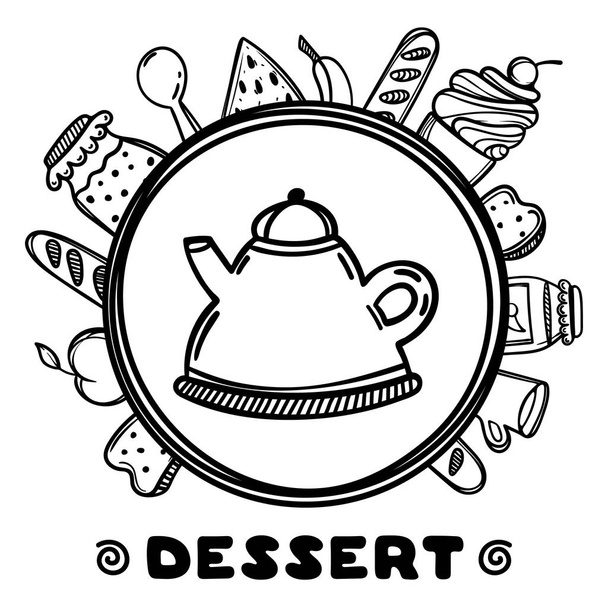 Cartoon teapot with food on white background. Hand drawn illustration. Dessert time. - Vektor, obrázek