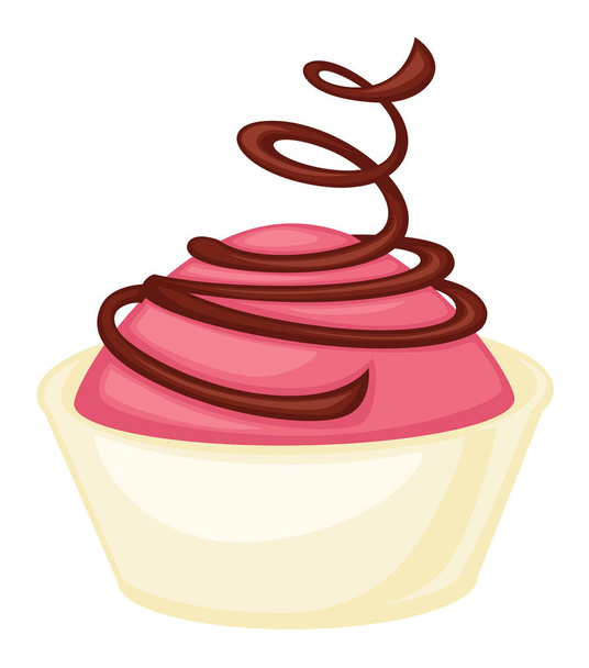 Delicious small cupcake with strawberry glaze and decorated with creative chocolate spiral wrapped in paper. Tasty ornate sweet snack isolated cartoon flat vector illustration on white background. - Vektör, Görsel