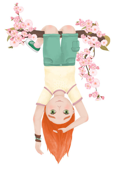Adolescente pelirroja chica de primavera en un árbol de sakura
 - Foto, imagen