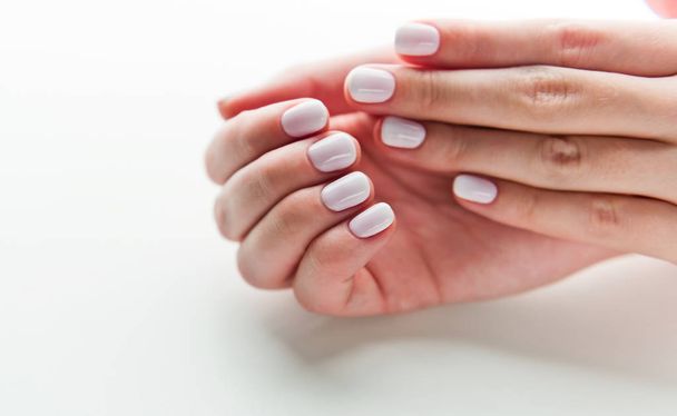  female hands with delicate white manicure - Фото, изображение