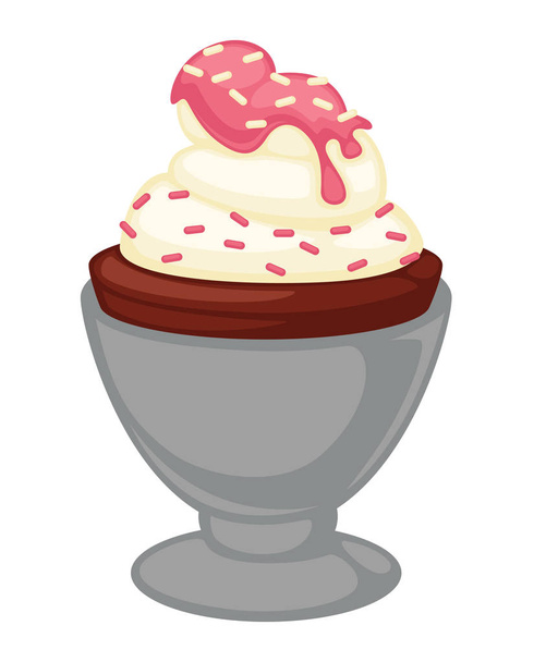 Delicious sweet dessert of biscuit under tender creamy vanilla and strawberry top with small sprinkles served in special metal dish isolated cartoon flat vector illustration on white background. - Вектор, зображення