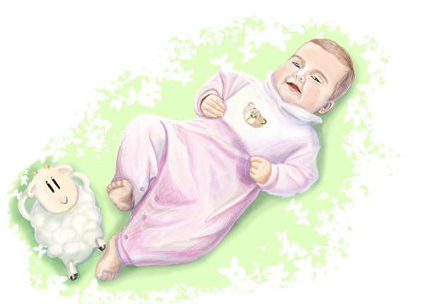 Adorável pequeno bebê sorridente em pijama azul deitado na cama com cordeiro de pelúcia. Ilustração desenhada à mão em cores suaves. Isolado sobre fundo branco
. - Foto, Imagem