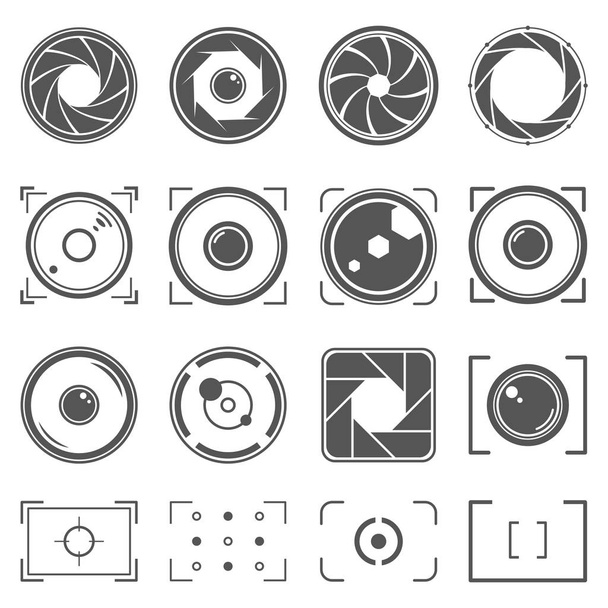 Camera shutter, lenses and photo camera elements set. Aperture and photography illustration. Set of photography concept symbol - Vector, Image