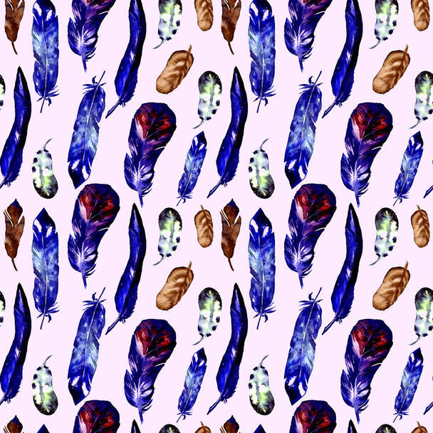 Seamless pattern with watercolor feathers. Can be used for textile print, design tile, wallpaper, abstract background. - Foto, Imagem