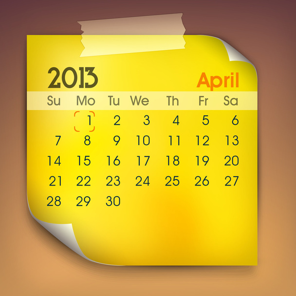 4 月の月間カレンダー 2013年。eps 10. - ベクター画像