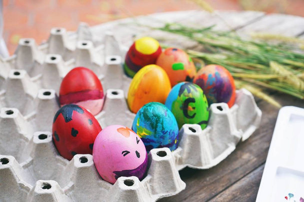 Easter concept, fancy colorful Easter eggs in a tray - Photo, Image