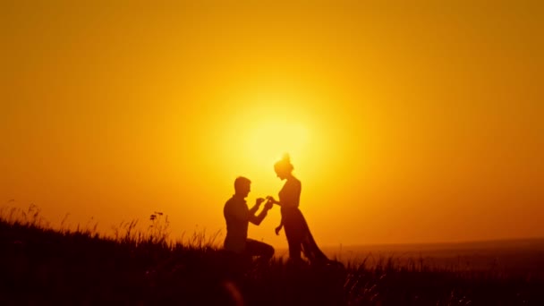 Romanttinen siluetti mies saada alas polvilleen ja ehdottaa naiselle kesäniityllä pari saa harjoittaa auringonlaskun mies laskemisesta rengas tyttöjen sormi hidastettuna
 - Materiaali, video