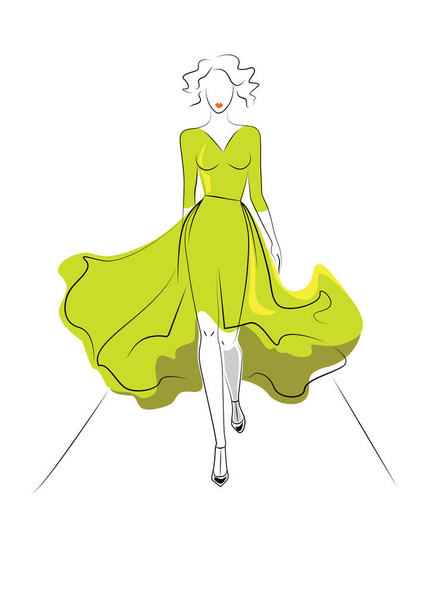 divat modell a pódiumra, a lime zöld ruha - Vektor, kép