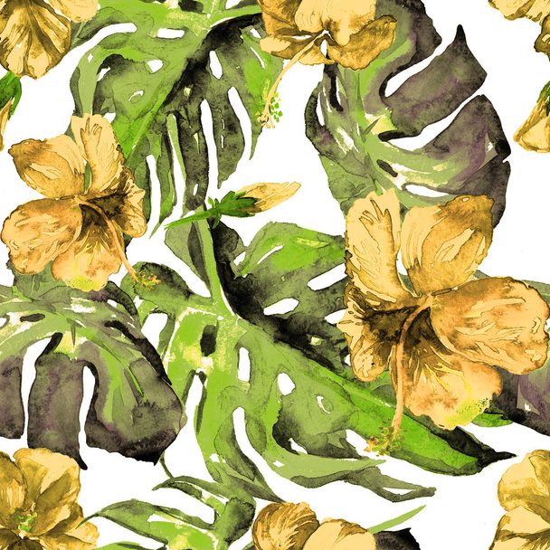 Watercolor Seamless Pattern. Hand Painted Illustration of Tropical Leaves and Flowers. Tropic Summer Motif with Hibiscus Pattern. - 写真・画像