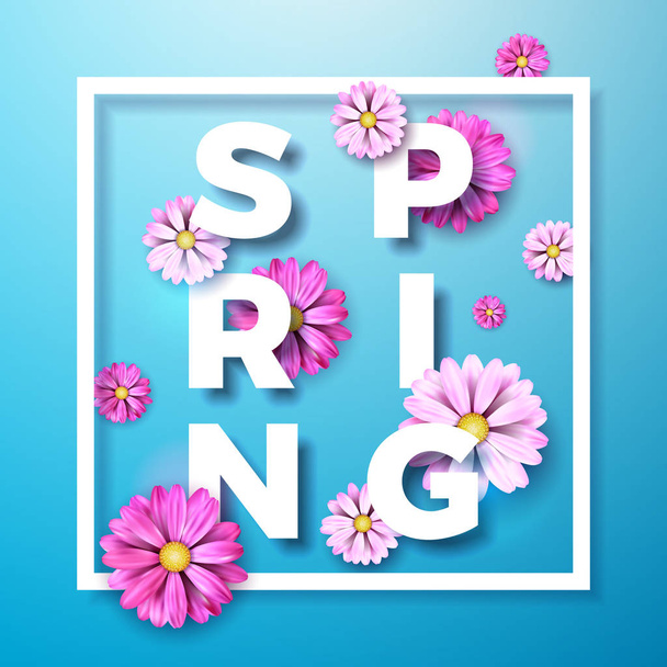 Vector Illustration on a spring nature theme with beautiful colorful flower on blue background. Floral design template with typography letter. - Vector, Imagen