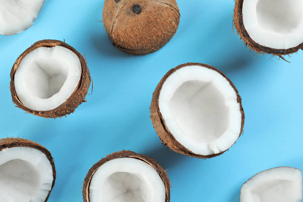Ripe coconuts on color background - Photo, Image