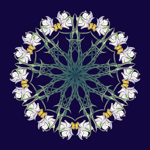 Flores de primavera. Flores de narciso entrelazadas en un intrincado ornamento circular sobre un fondo azul oscuro. Dibujo de estilo Art Nouveau. Mandala tatuaje diseño
. - Vector, imagen
