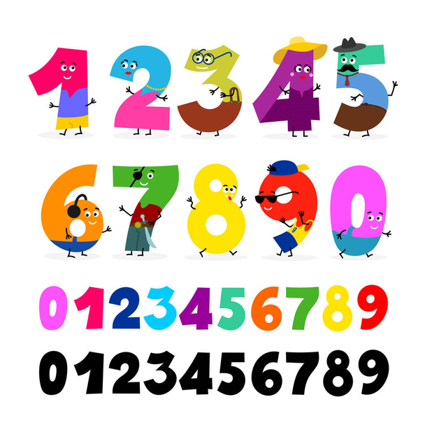 Set di figure dei cartoni animati. Numeri di personaggi scolastici sorridenti per bambini. Illustrazione vettoriale figure a colori. Divertenti numeri dei cartoni animati e segni di funzionamento matematico. Isolato su sfondo bianco
 - Vettoriali, immagini